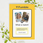 A funny personalised wedding card that is a parody of the dating site Bumble, customise it with the couples details and a special message