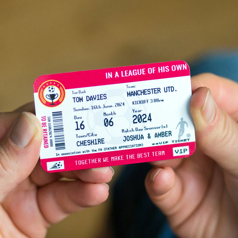a metal wallet insert designed to look like a football ticket personalised for Dad