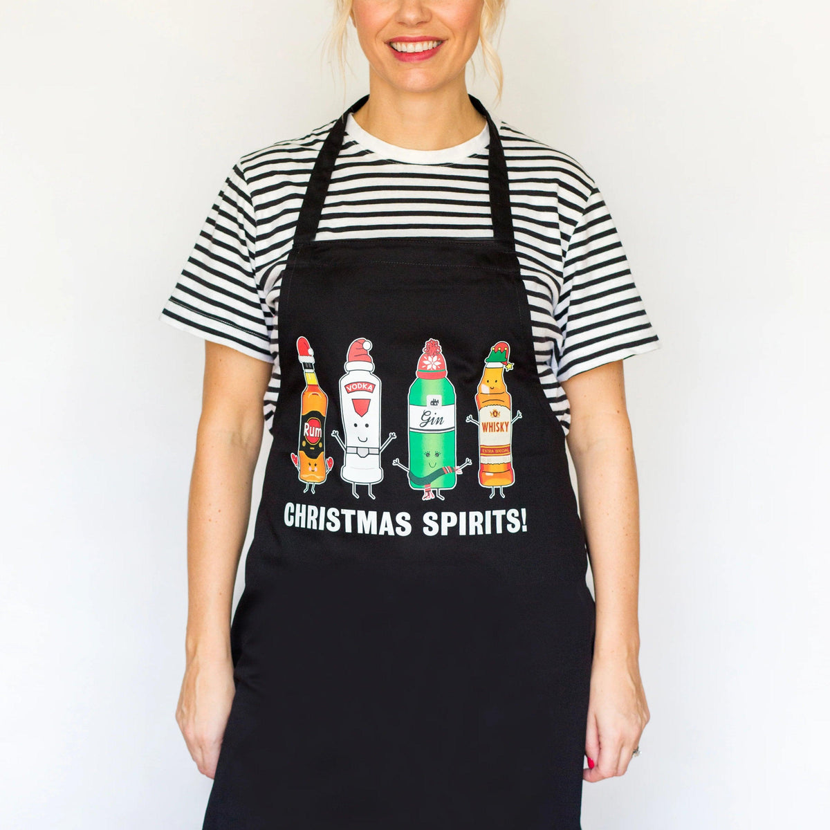 Funny christmas apron with illustrations of alcohol bottles