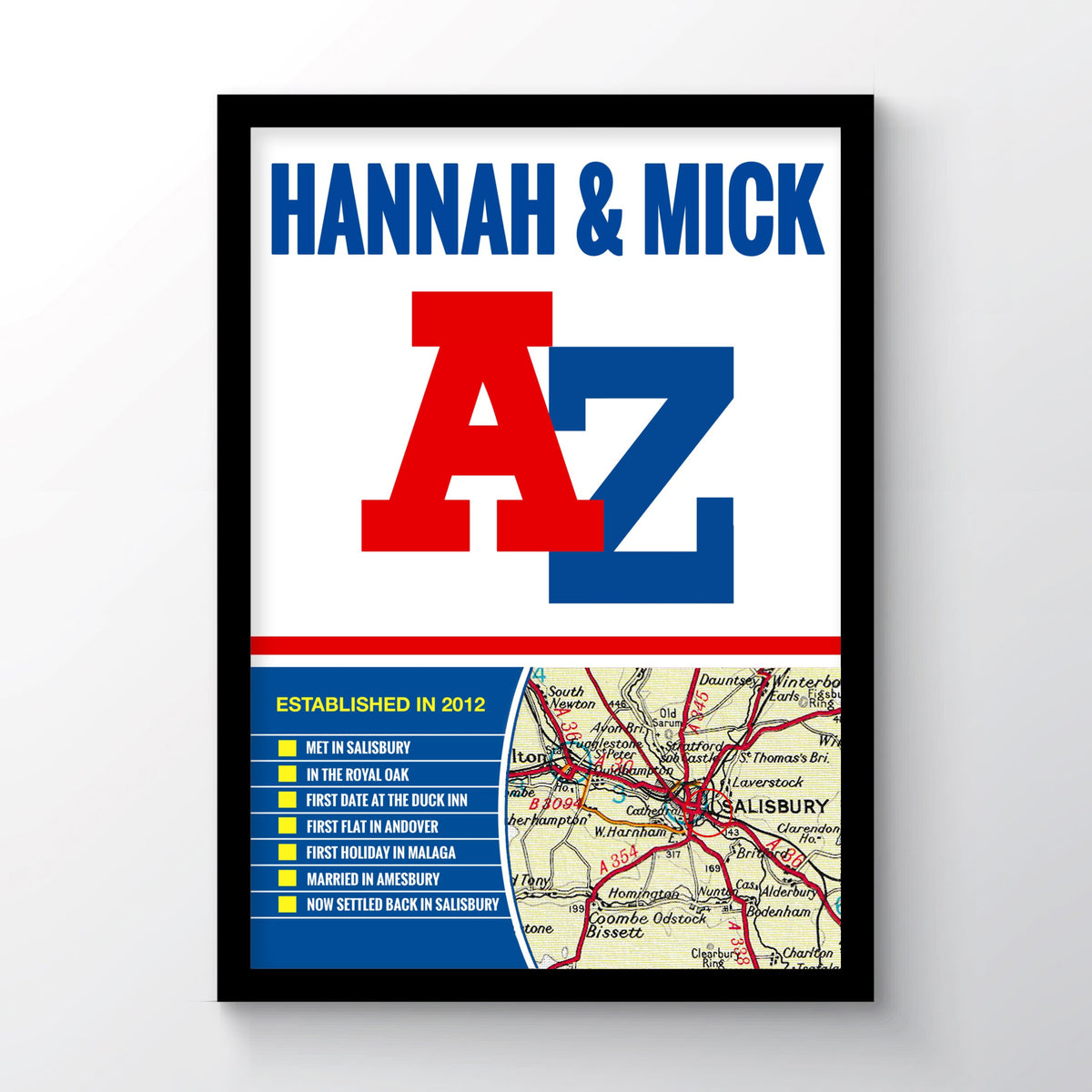 A framed image of our personalised A-Z print featuring seven milestones and a special location on a map