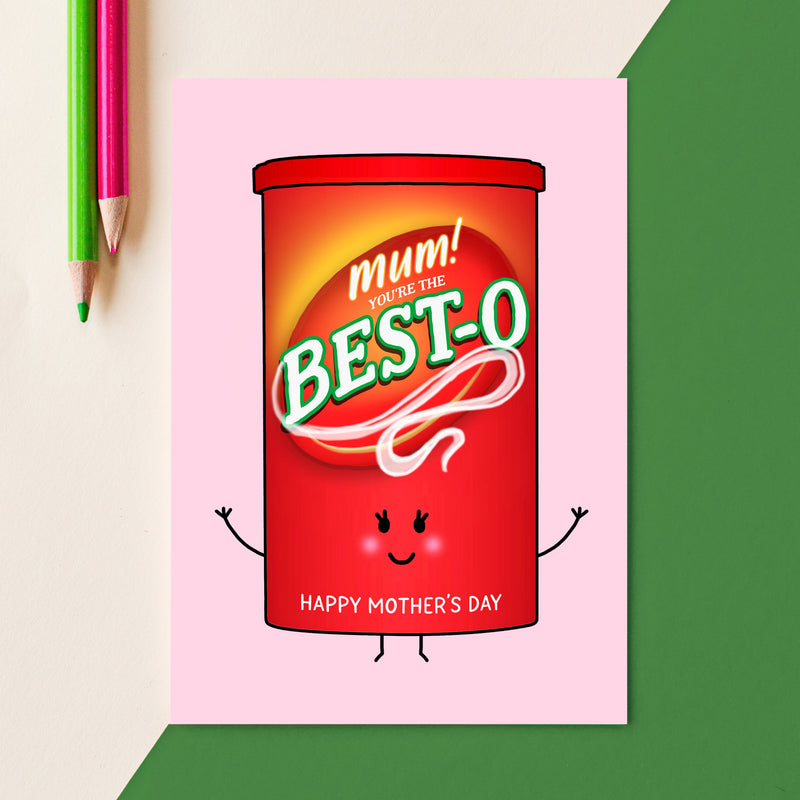 Cute Mother's Day card featuring a funny pun on Bisto gravy, telling Mum that she's the 'Best-o!'