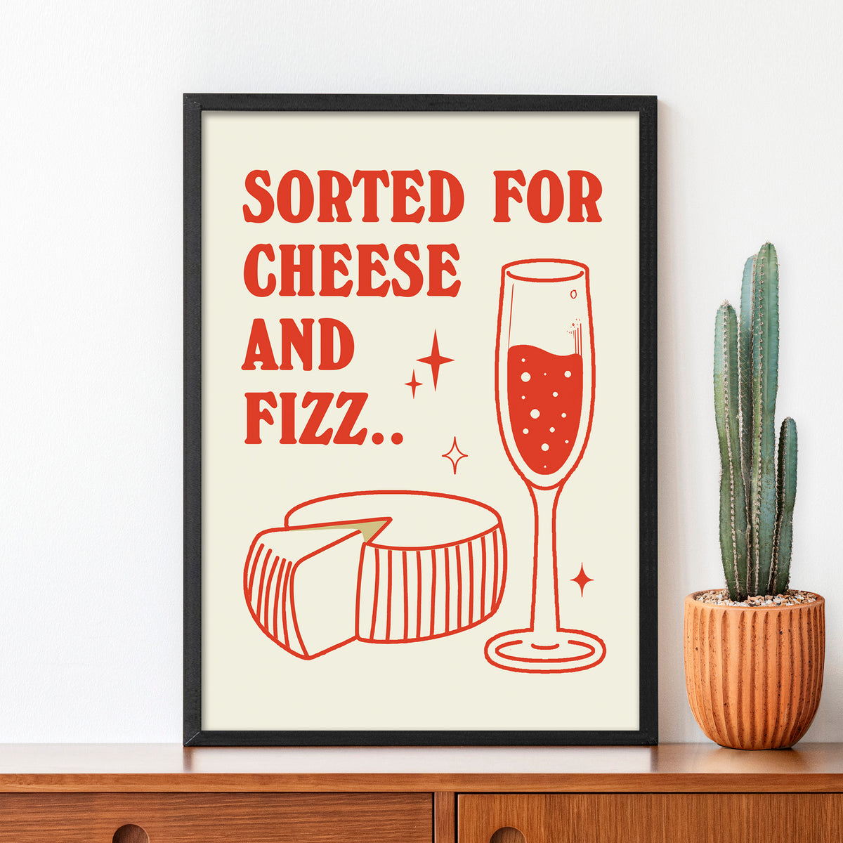 Retro cheese and wine print featuring a pun on the famous Pulp song of the 90's 'Sorted For E's & Wizz'.