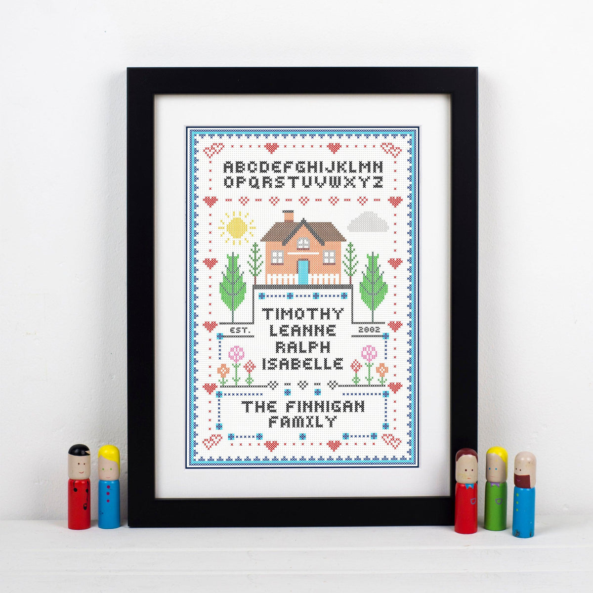 Custom print designed to look like a cross stitch sampler