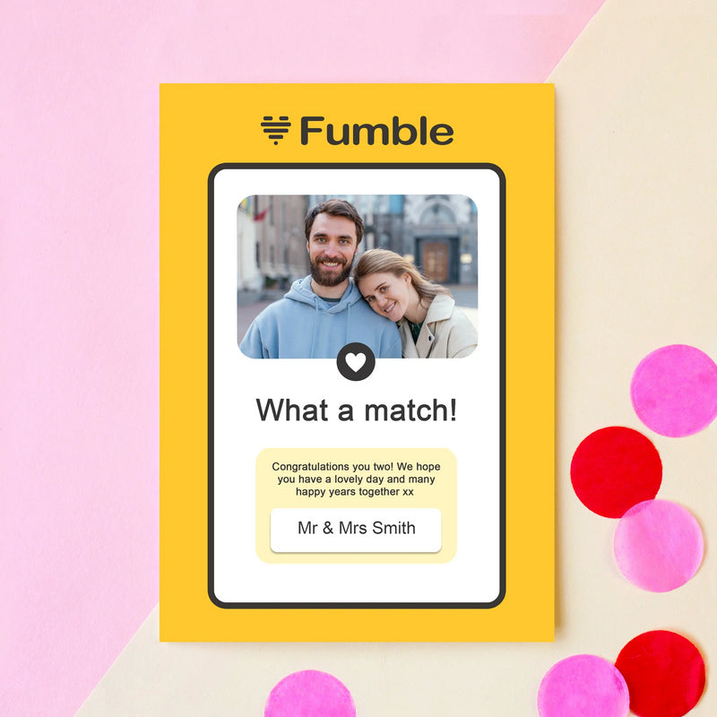 a parody of the dating site Bumble, the custom wedding card is personalised with a photo of the couple and a short message