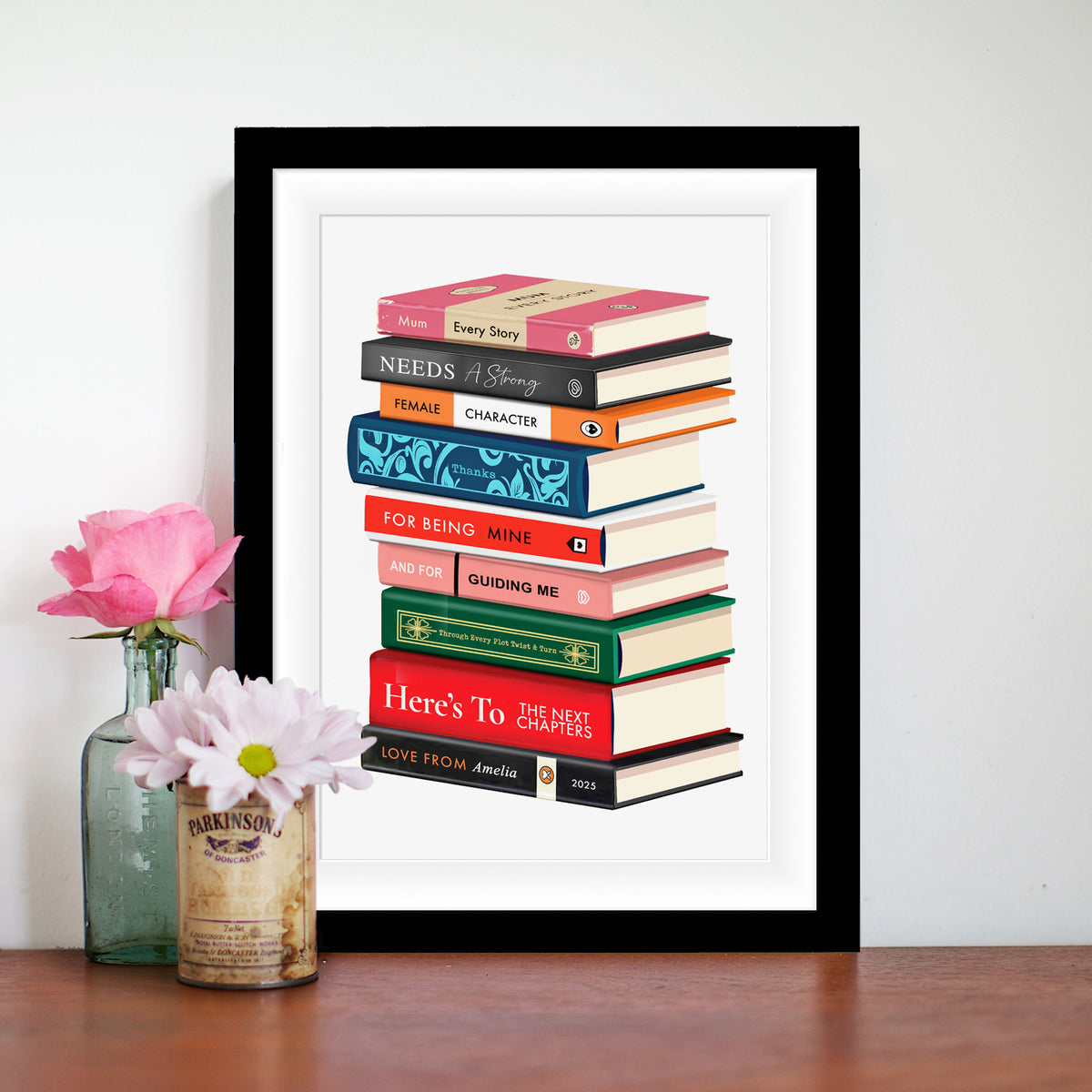 an ideal Mother's day gift for a book loving mum, this personalised print spells out a thoughtful message to Mum cleverly using book titles. 