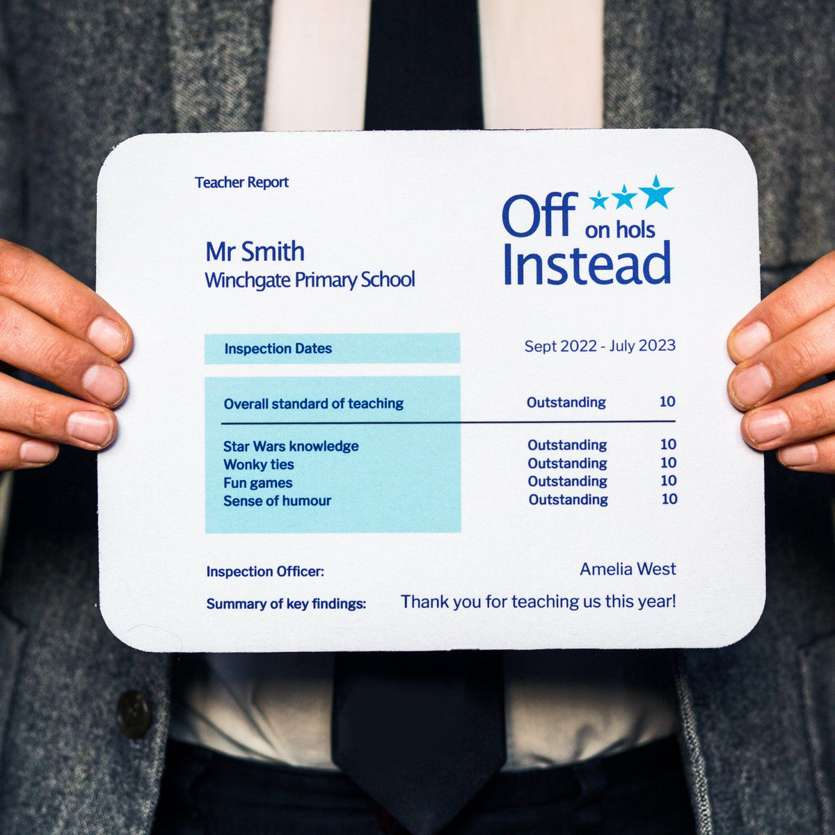 A personalised mouse mat that looks like an Ofsted report for an end of term teacher gift