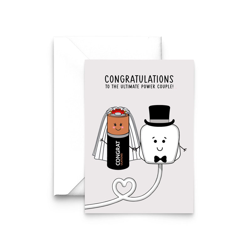 wedding card featuring illustrations of a plug and batter with funny pun