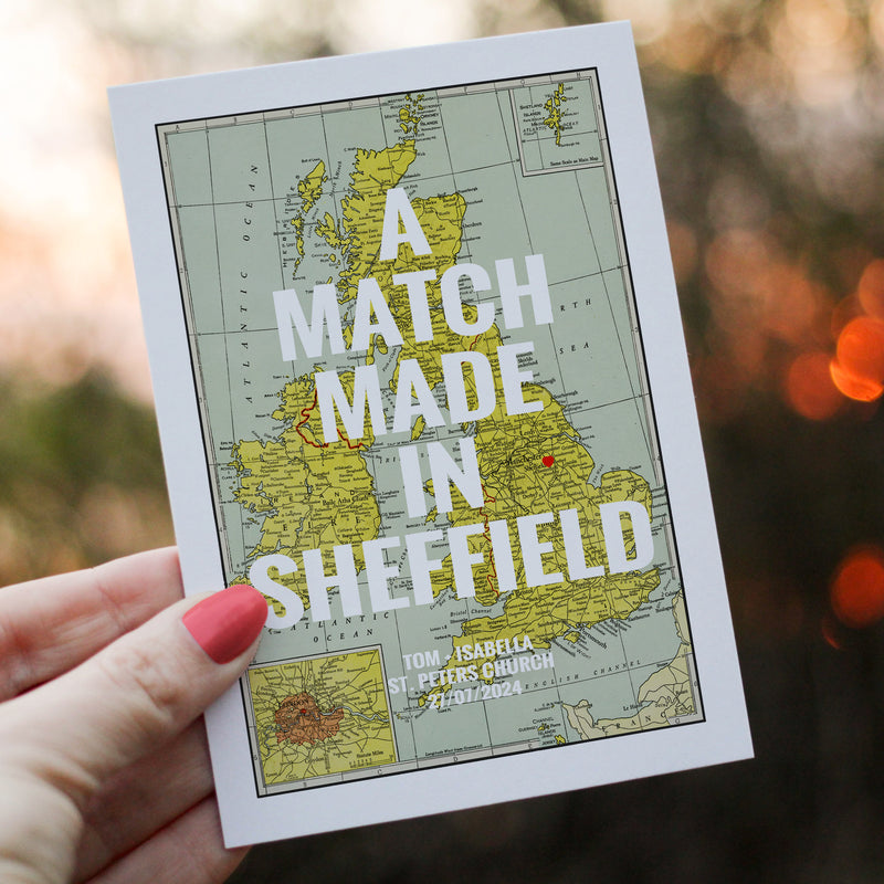 Personalised wedding card with a map  of the UK and personalised with location