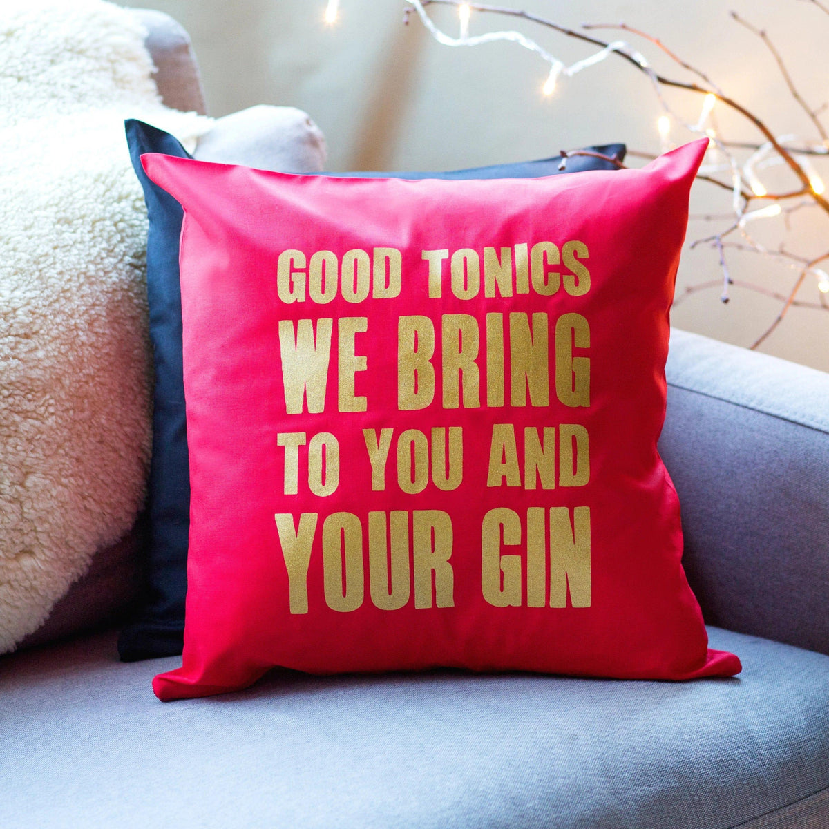 'Good Tonics We Bring' Typographic Christmas Cushion Cushion Of Life & Lemons® 