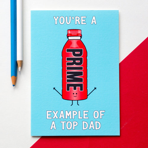A card for Dad featuring an illustration of a bottle of Prime and a funny pun