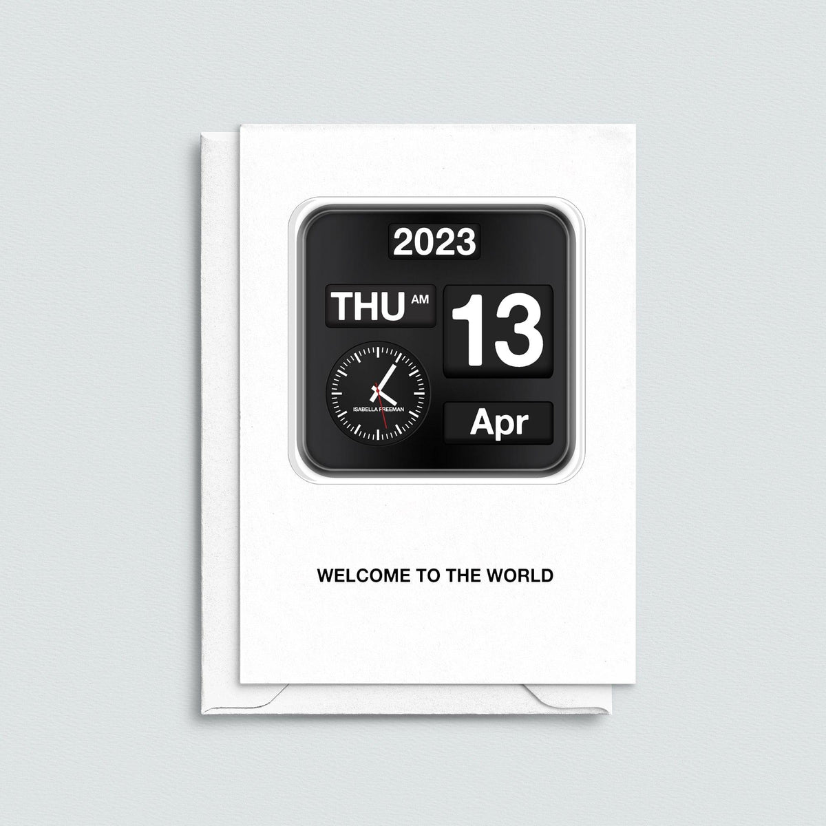 custom new baby card that shows when the baby was born on a retro flip clock